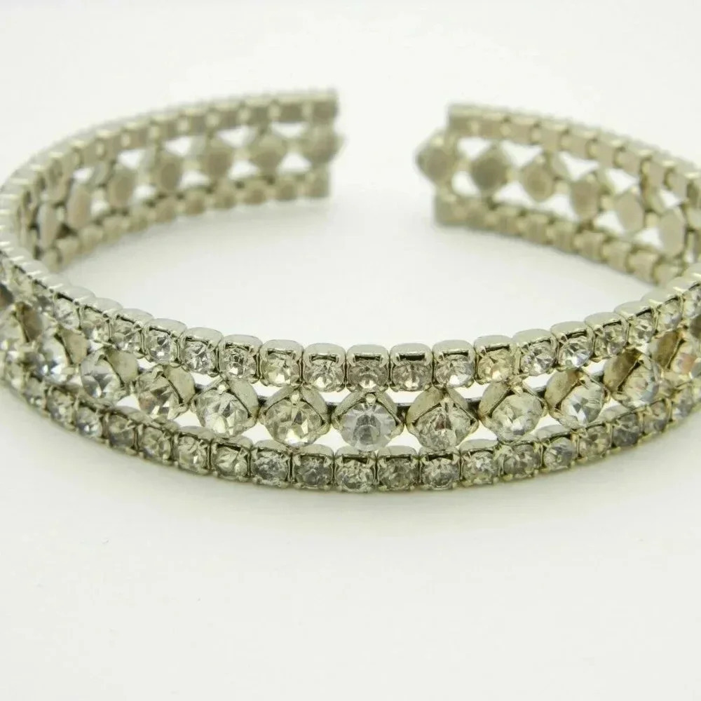 Clear Rhinestone Art Deco Style Silver Tone Cuff
